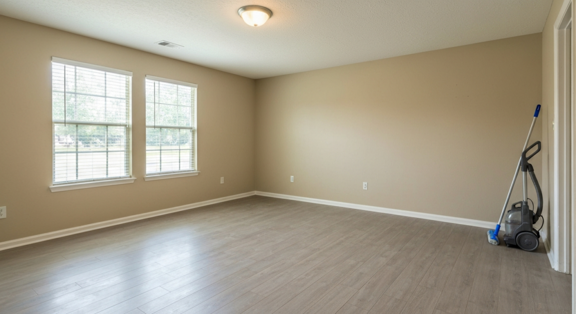 Clean and empty Orlando apartment ready for move-in, with vacuum and mop in corner