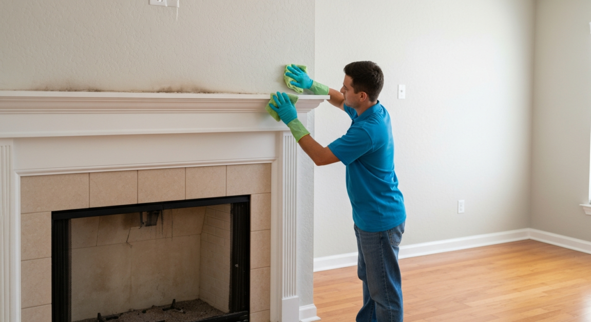 Cleaner wiping dusty mantle in an Orlando home to prepare for new residents