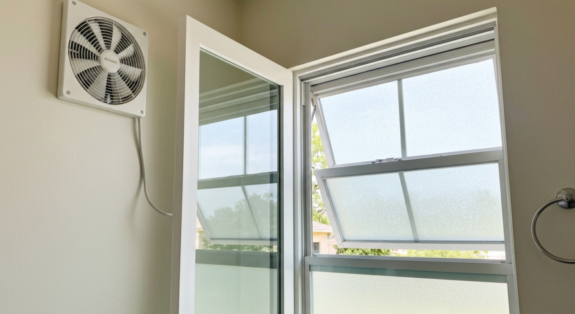 Open bathroom window with exhaust fan for ventilation to prevent mildew.