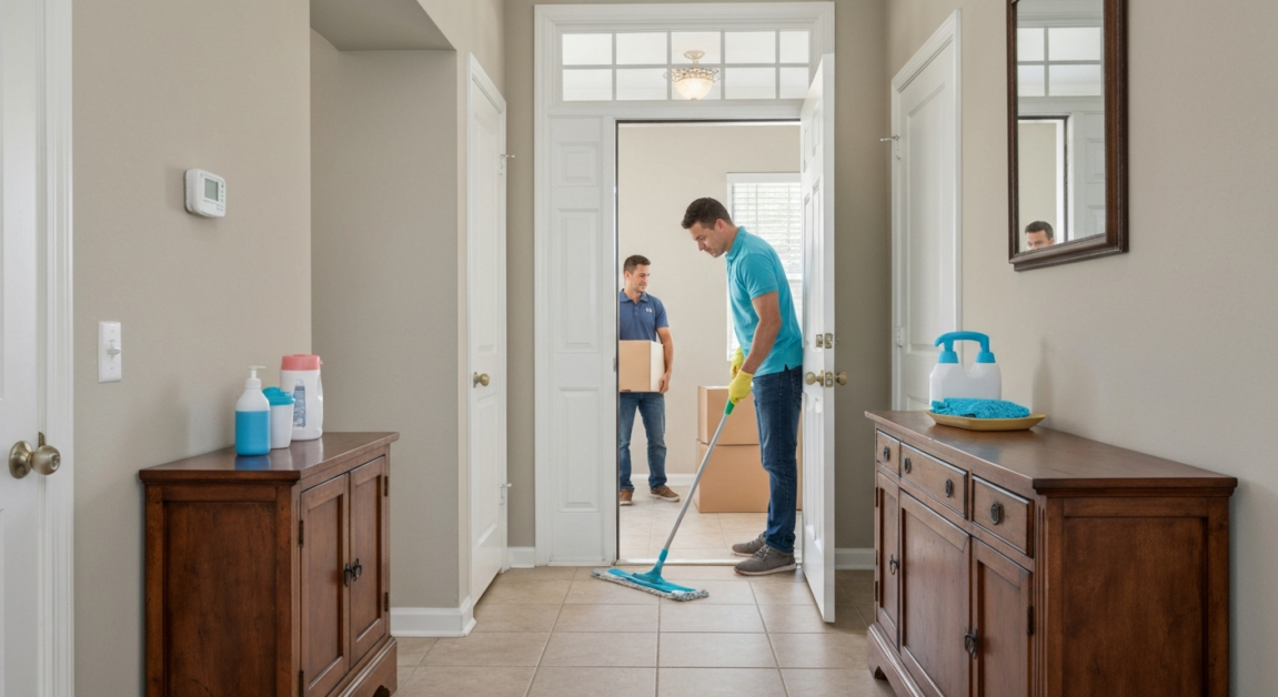 Professional cleaner mopping entryway floor in Orlando home with movers bringing boxes