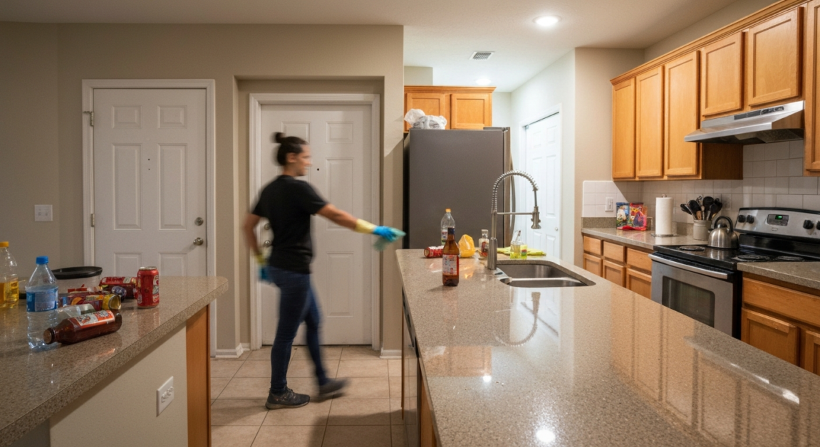 Orlando home kitchen showing before and after professional cleaning with distinct contrast in cleanliness.