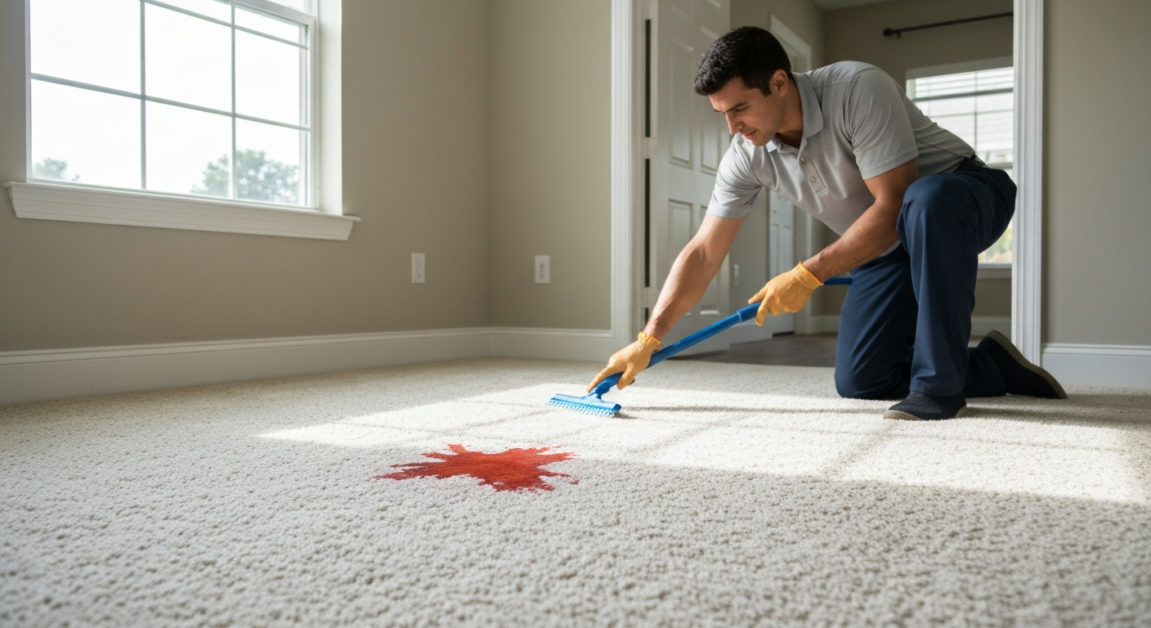 Professional cleaner carefully removing a red wine stain from a white carpet in an Orlando home living area.