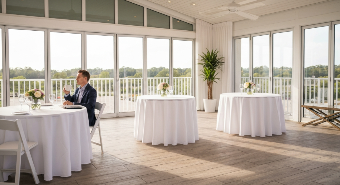 Orlando event host relaxing on a clean terrace post-party with a cup of coffee, stress-free after professional cleaning.