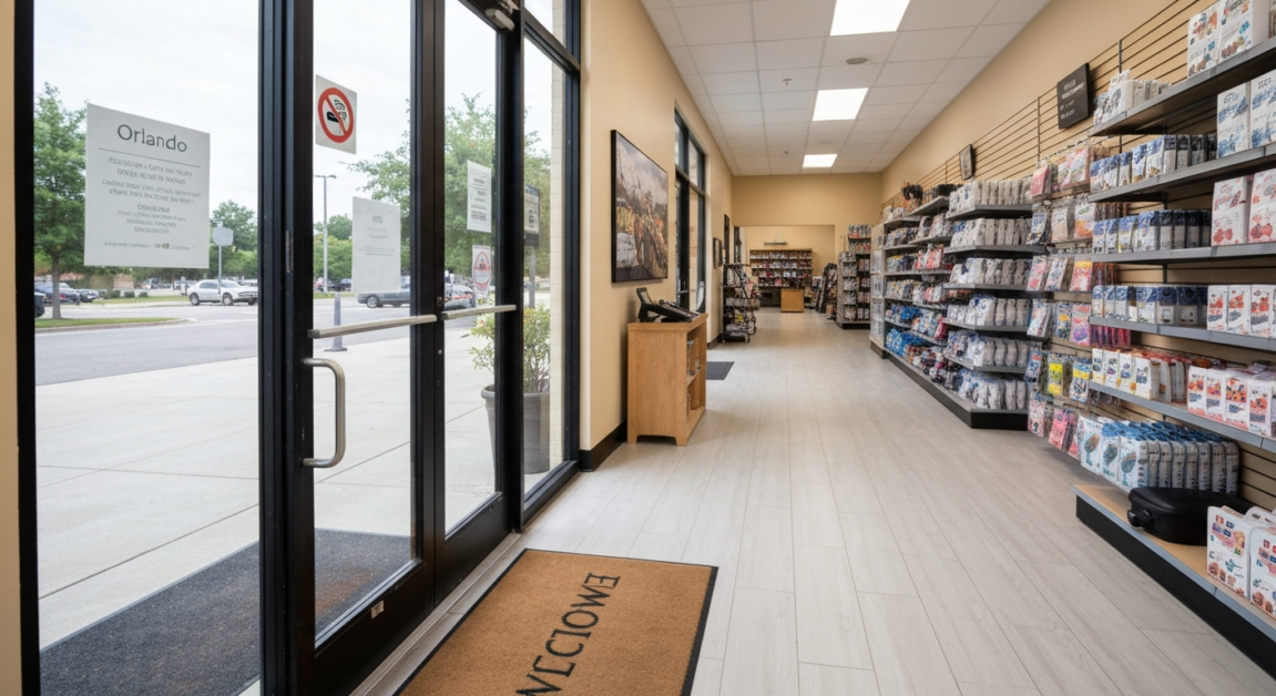 A pristine retail store entryway in Orlando with spotless glass doors and polished floors.