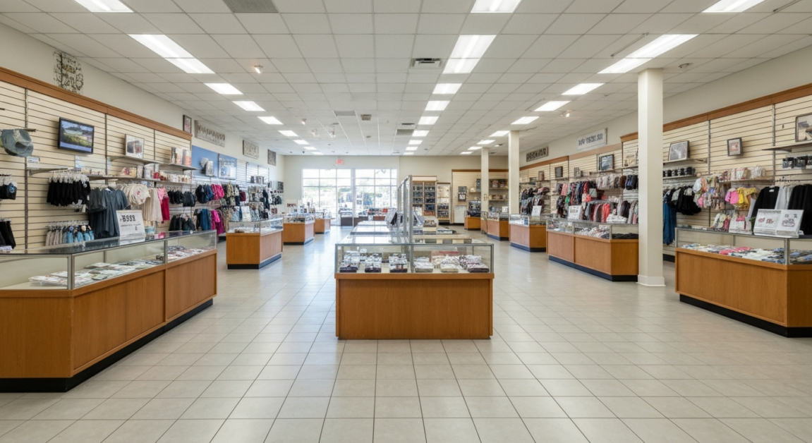Spotlessly clean retail showroom in Orlando showcasing pristine floors and immaculate display cases.