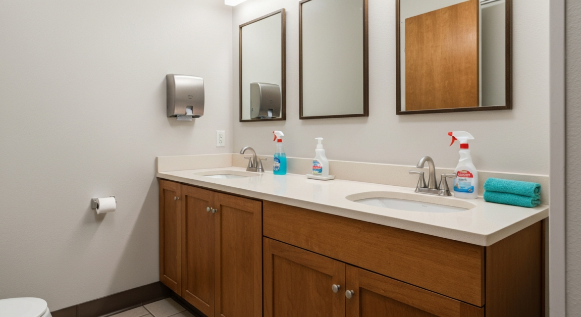 A spotless commercial restroom sink area in Orlando with organized cleaning supplies.