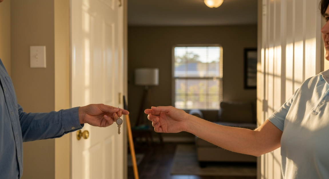 Cleaner receiving keys from a client at an Orlando property entryway