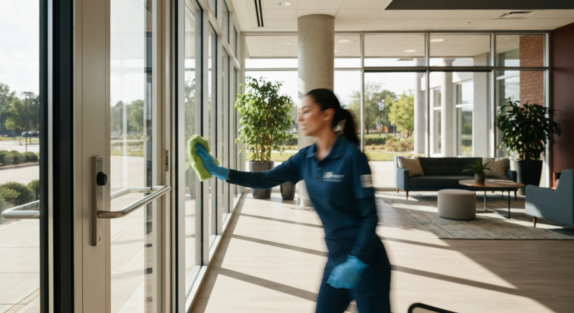 Professional cleaner sanitizing a high-touch door handle and glass panel in an Orlando office lobby.