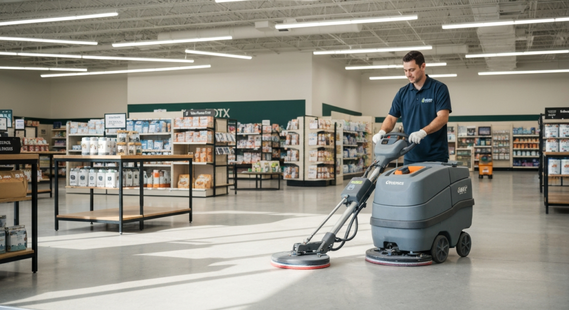 Professional cleaner using a floor scrubbing machine in an Orlando retail space to ensure optimal sanitation.