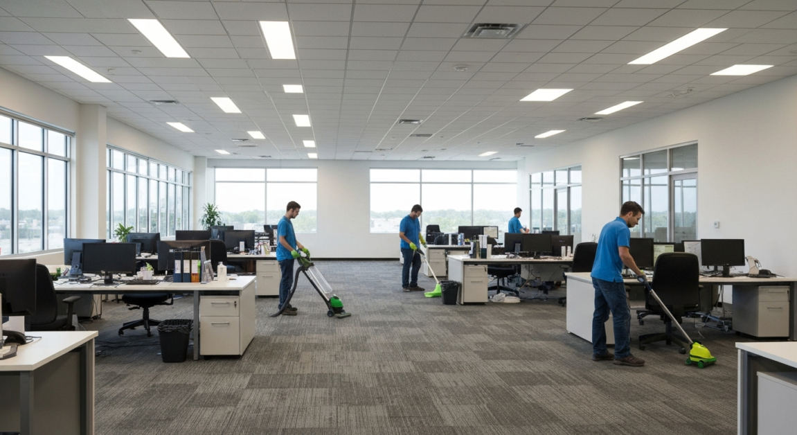 Team of cleaners working diligently in an Orlando office space to fit opening timelines.