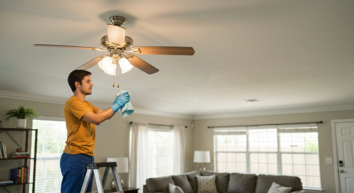 Professional cleaner dusting ceiling fan in Orlando living room to ensure thorough move-in cleaning.