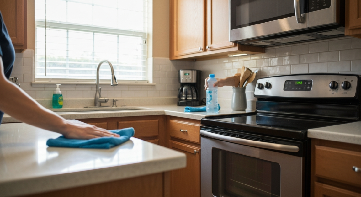 Cleaner sanitizing oven and countertops in an Orlando home kitchen ensuring cleanliness for move-in.