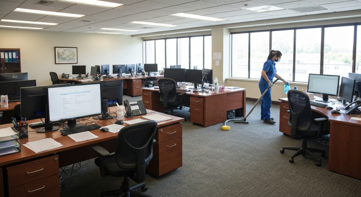 Professional cleaners maintaining a medium-sized Orlando office with vacuuming and sanitizing.