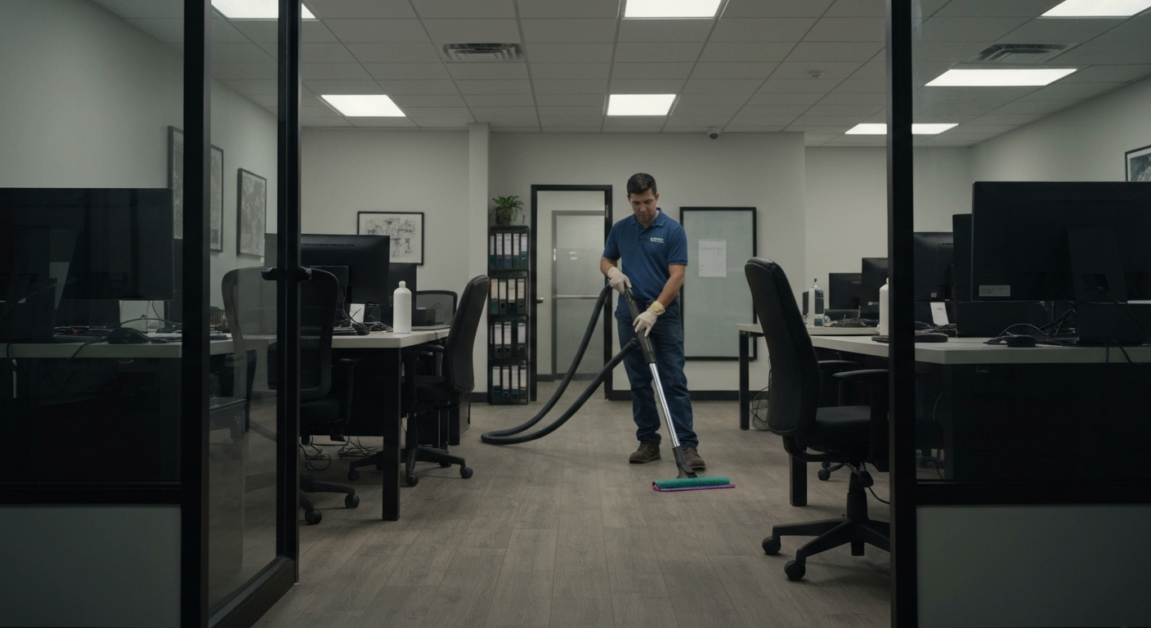 Professional cleaner performing after-hours cleaning in an Orlando office, ensuring a disruption-free environment