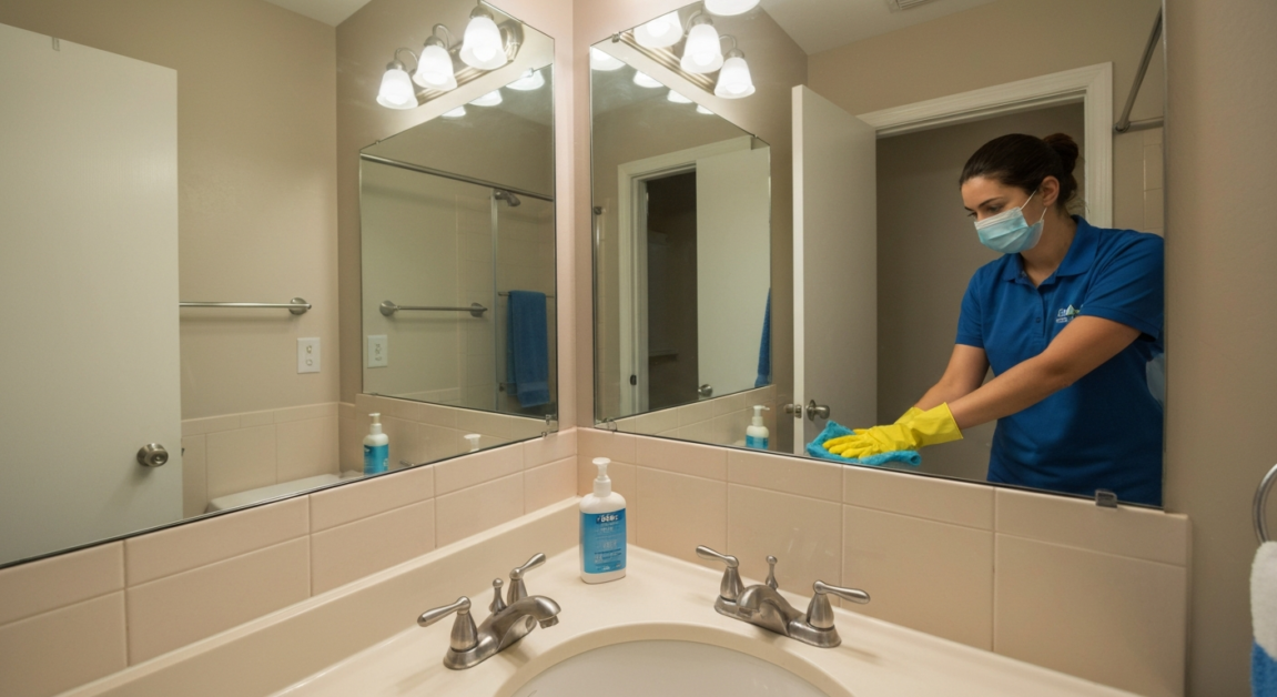 Professional cleaning illustrating spotless mirror and fixtures in an Orlando bathroom for move-in readiness.