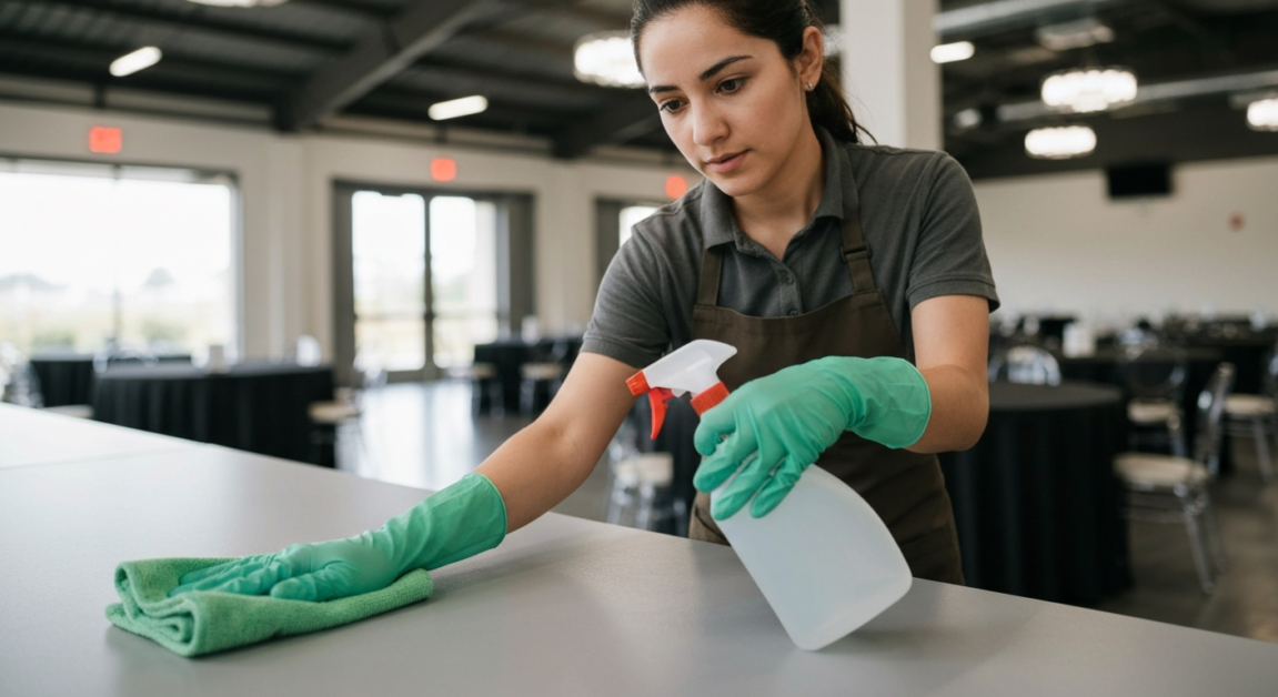 Professional cleaner using eco-friendly products in an Orlando event space.