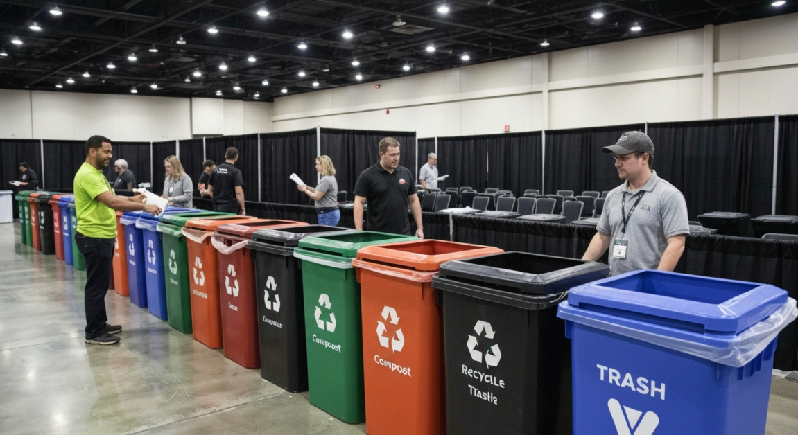 Labeled bins for recycling, compost, and trash at an Orlando event.