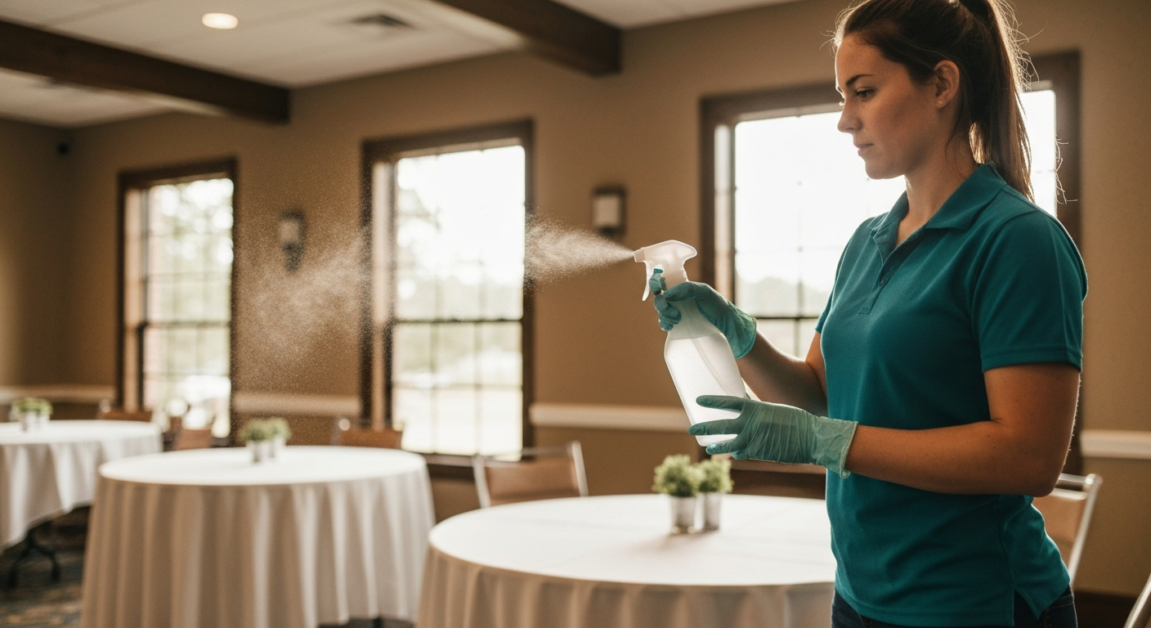 Professional cleaner using botanical air freshener in Orlando event space.