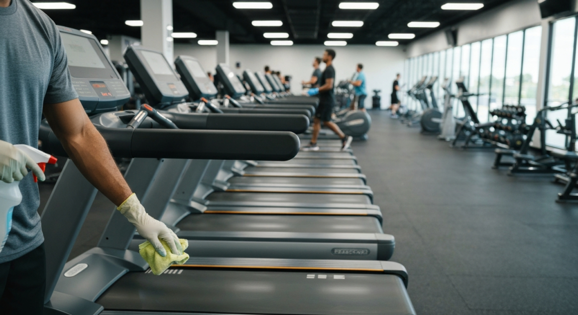 Professional cleaner sanitizing gym equipment in Orlando.