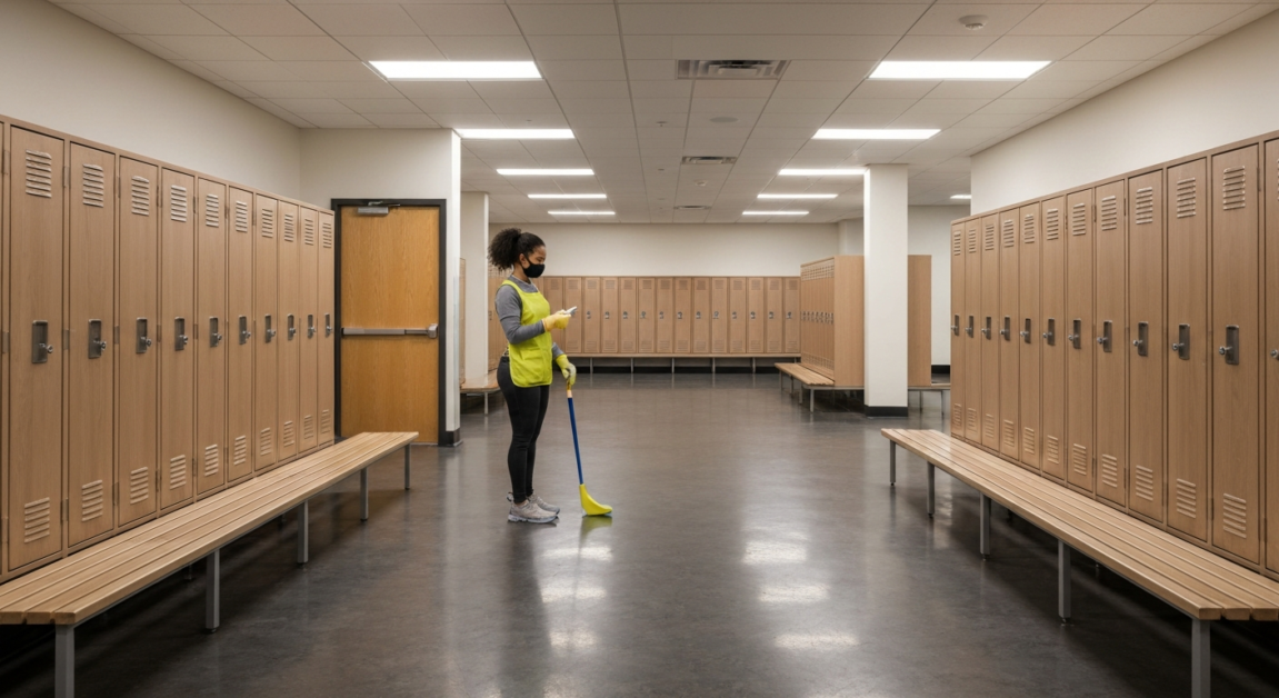 Cleaner deodorizing and sanitizing a gym locker room in Orlando.