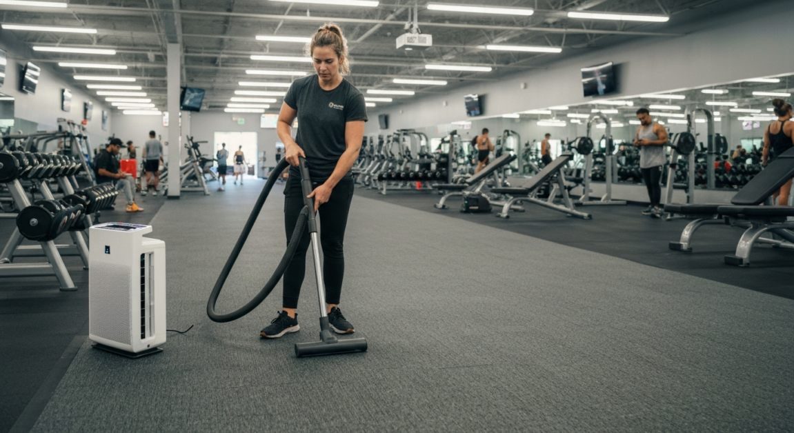 Cleaner vacuuming and managing odors in an Orlando gym.
