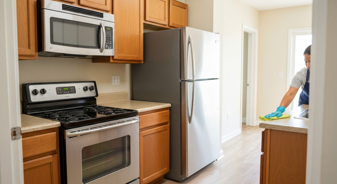 Pristine Orlando rental kitchen with clean appliances, highlighting move-out cleaning standards.