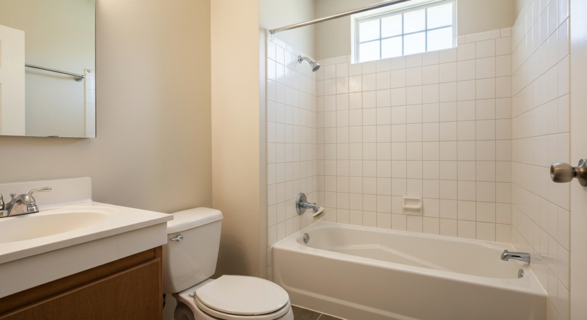 Spotless bathroom in Orlando rental with gleaming fixtures and mold-free tiles, ready for final inspection.