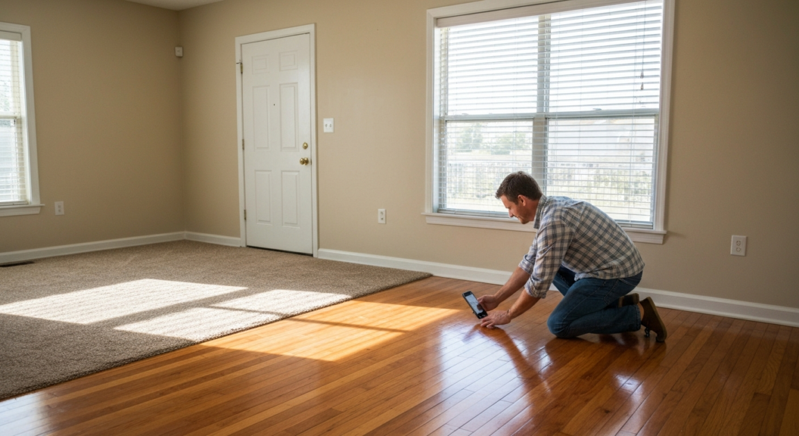 Renter photographing spotless Orlando rental room for move-out documentation.