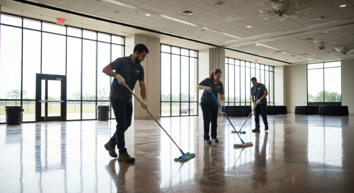 Professional cleaners using mops and microfiber cloths in an Orlando event space, demonstrating effective cleaning tools.