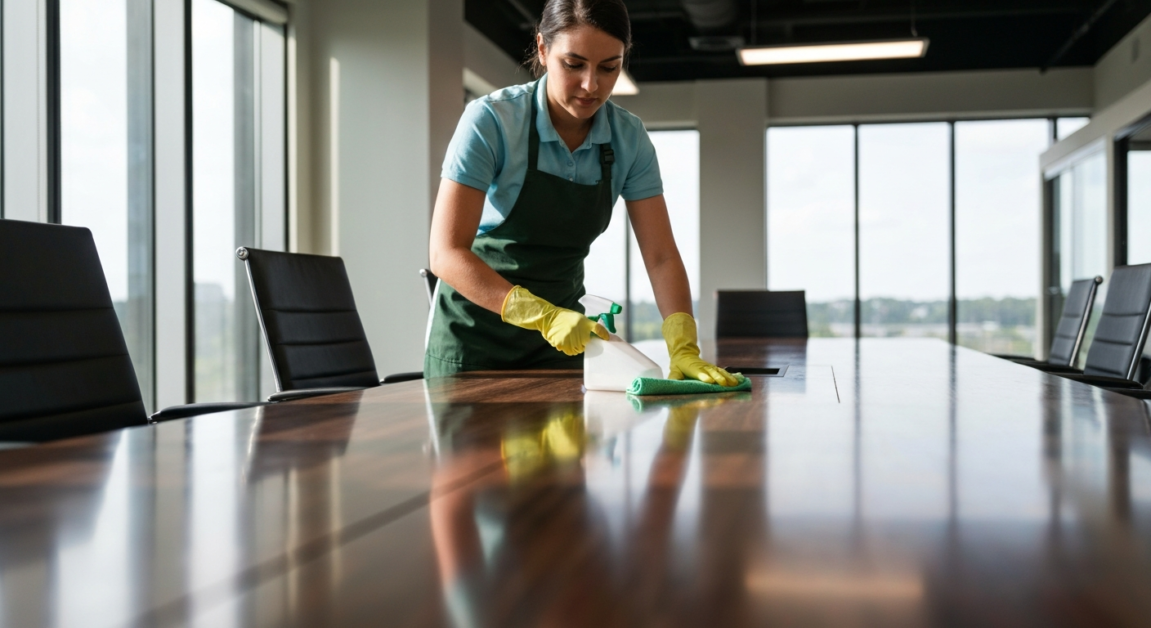 Cleaner uses eco-friendly cleaning solutions in an Orlando office event space, highlighting sustainability.