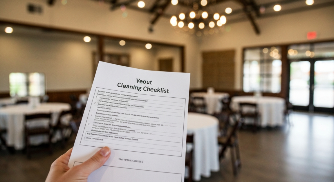 Event host holds a detailed cleaning checklist in an Orlando rental property, displaying preparation for event cleanup.