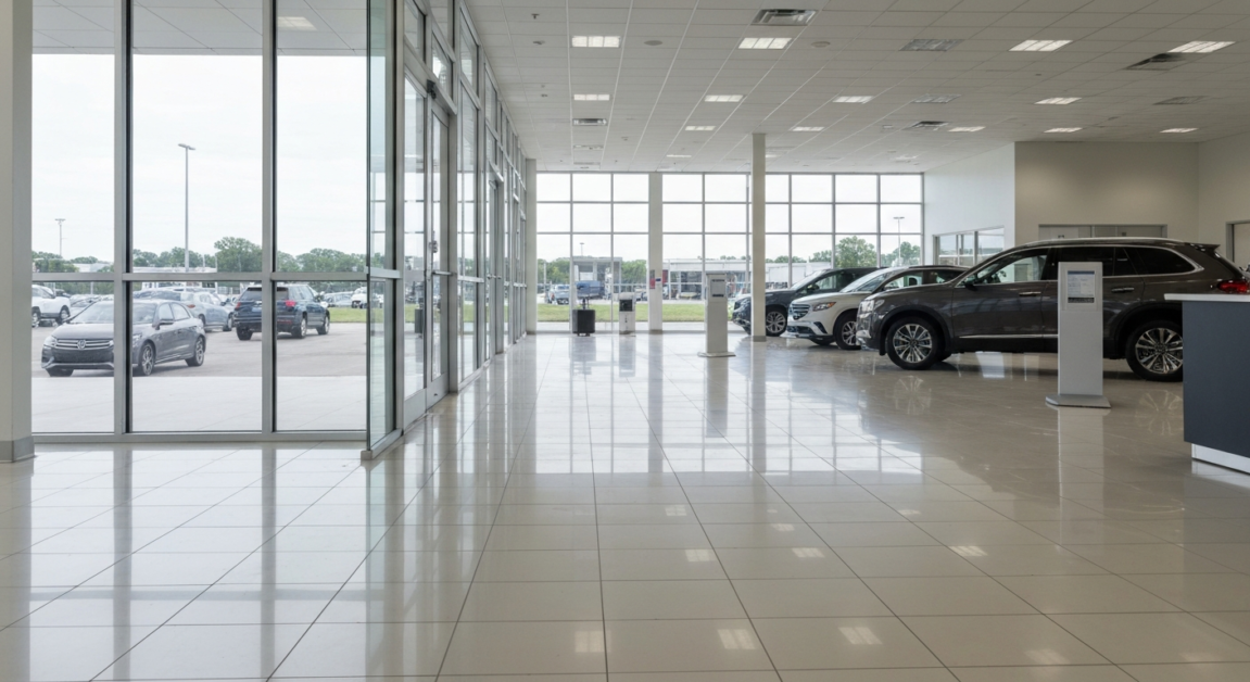 Clean showroom floor and glass partitions in Orlando auto dealership enhancing customer trust.