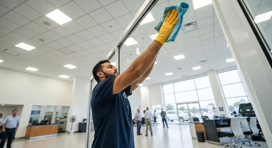 A cleaner in Orlando dealership using streak-free products on glass partitions with microfiber cloths.