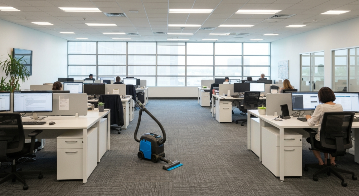 Cleaner using silent equipment in an Orlando office during work hours, minimizing disruption