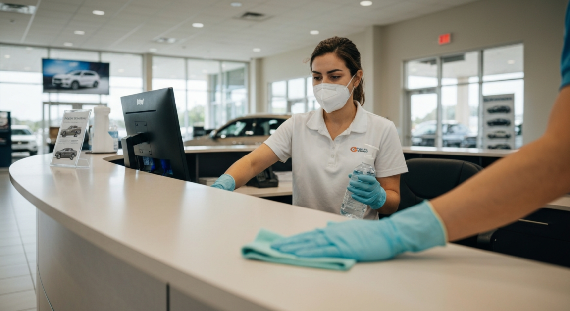 Orlando auto dealership cleaner sanitizing high-touch surfaces like reception desks to ensure safety.