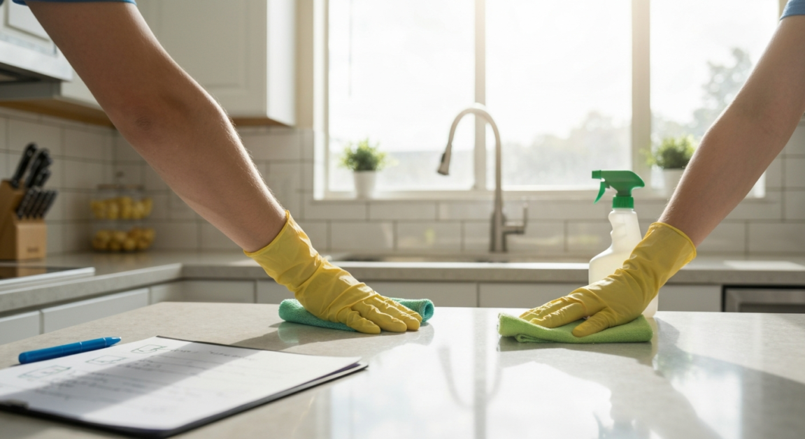 Cleaner polishing a kitchen counter with checklist and eco-friendly cleaning supplies in an Orlando home.