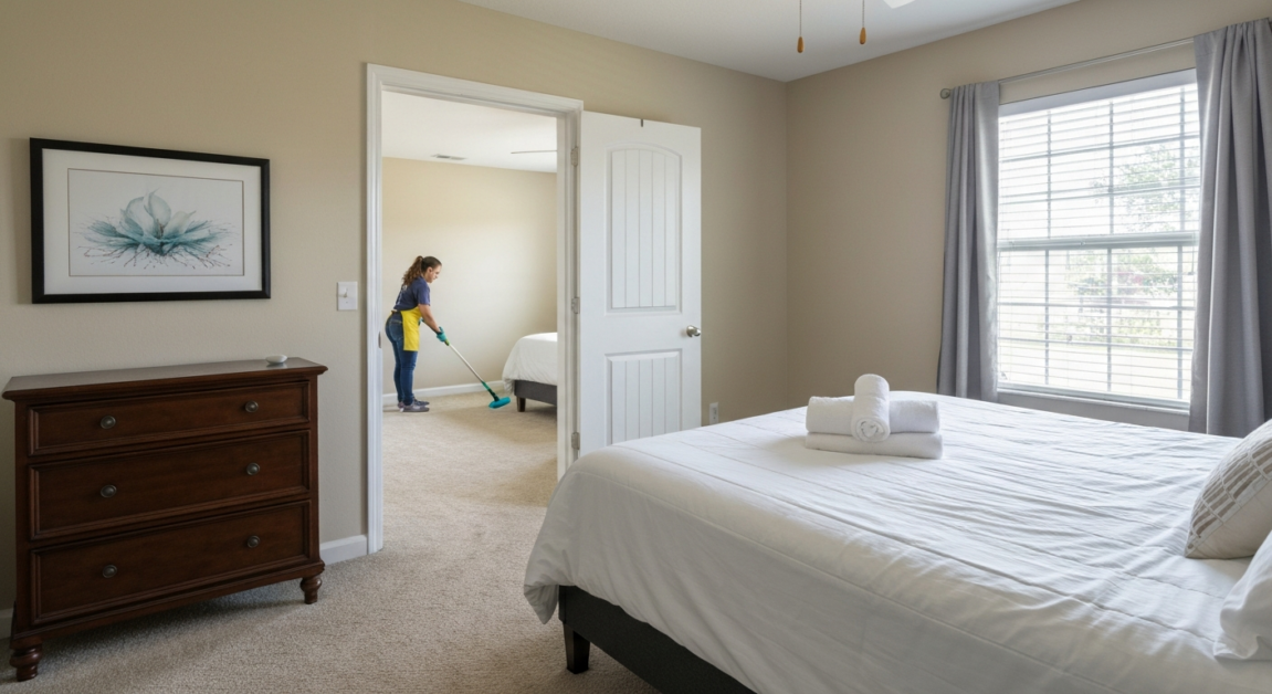 Guest bedroom in an Orlando rental property, neat with fresh linens, highlighting cleaning scope adjustments.