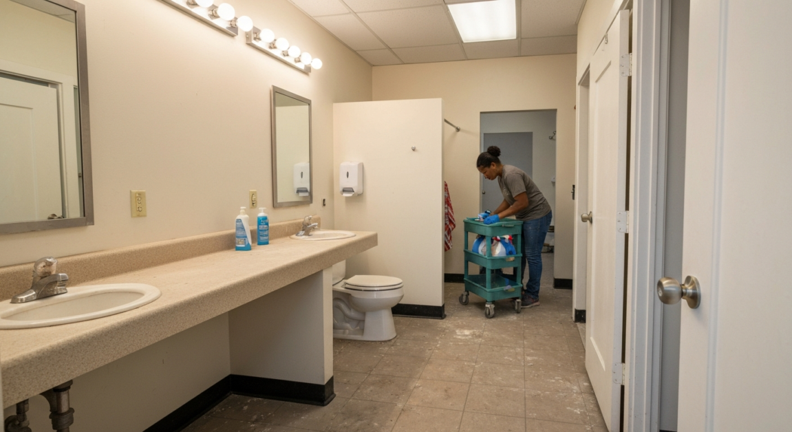 A restroom in a small Orlando workspace showing neglect from cheap cleaning services.