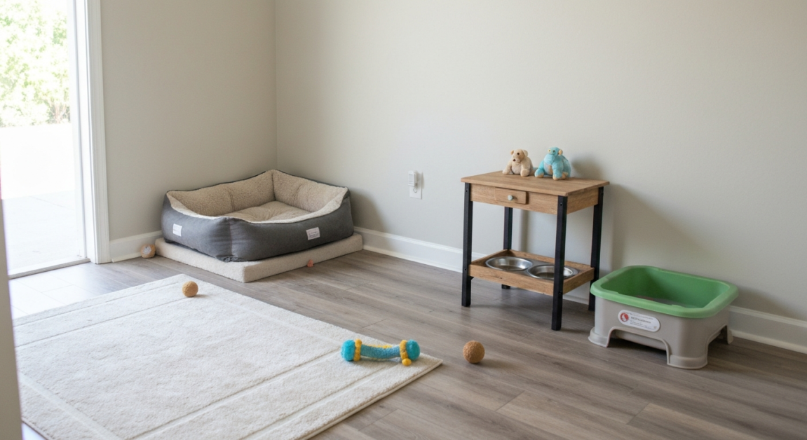 Dust accumulating in a pet area with a bed and feeding station, illustrating the need for cleaning.