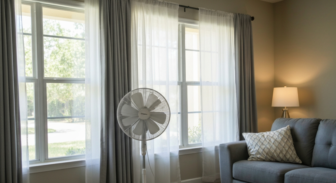 Living room with windows open and a fan running to ensure proper ventilation post-renovation.
