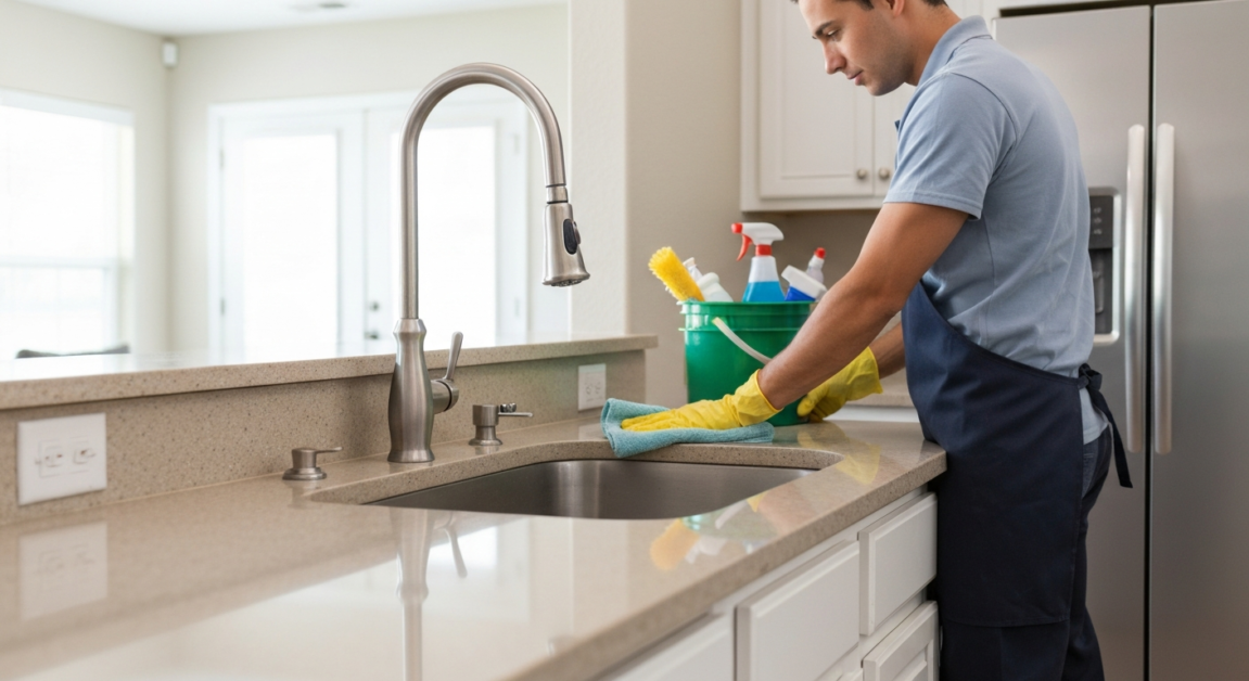 A professional cleaner wiping a kitchen countertop in an Orlando home, readying it for inspection.