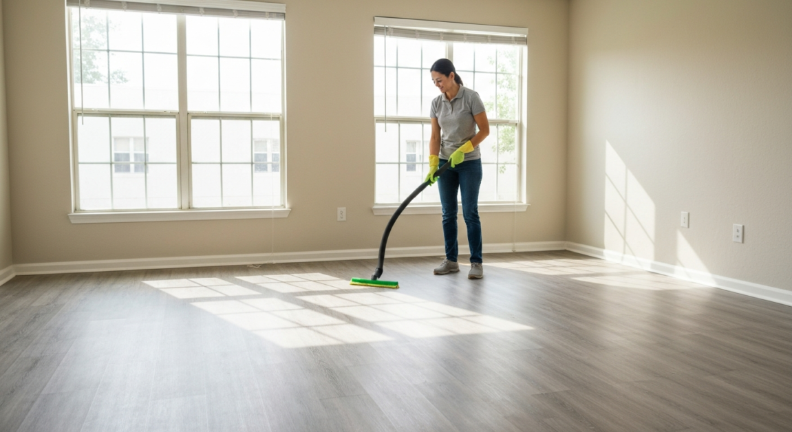 Professional cleaning of an empty Orlando rental property living room, illustrating preparation for move-out inspection.