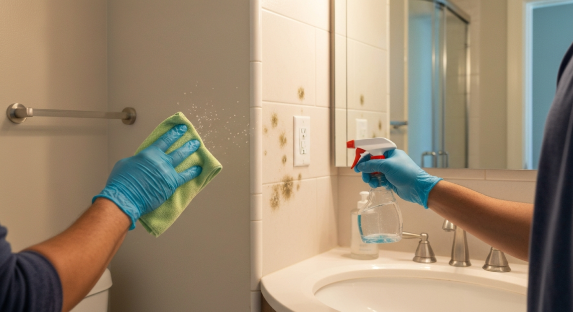 Cleaner focusing on mold prevention in an Orlando bathroom, representing specific local cleaning needs.