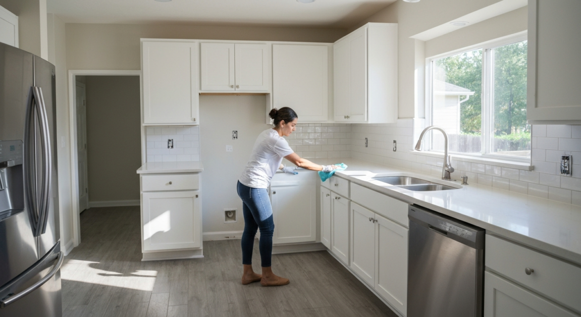 Professional cleaner performing a detailed cleanup in an Orlando kitchen after renovation, ensuring no dust remains.