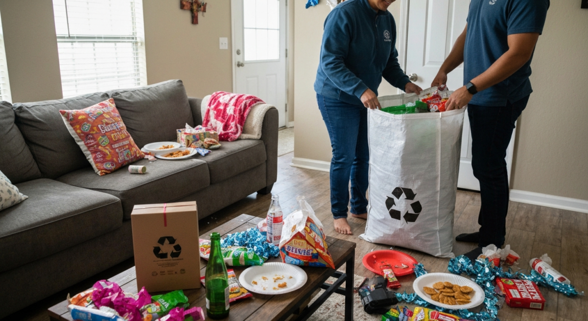 Segregating party clutter for easier cleaning in an Orlando home