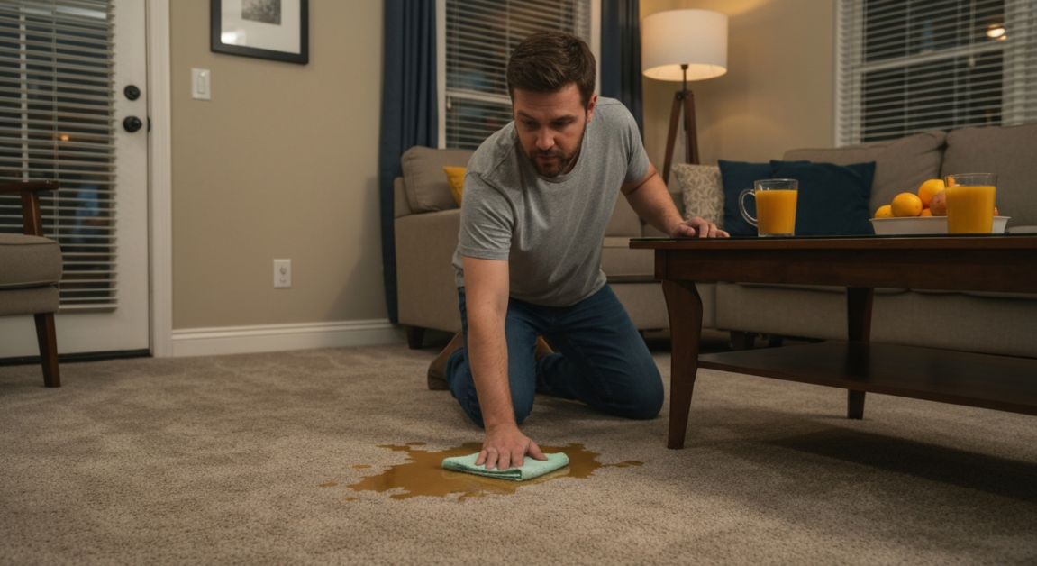Cleaning a spill quickly in an Orlando home living room post-party