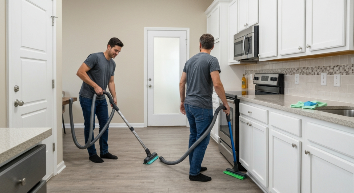 Team effort for efficient kitchen cleaning post-party in Orlando home