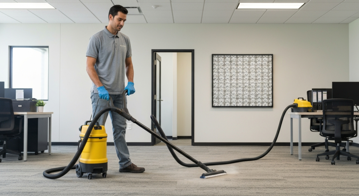 Professional cleaner using a HEPA vacuum to eliminate construction dust in an Orlando office.