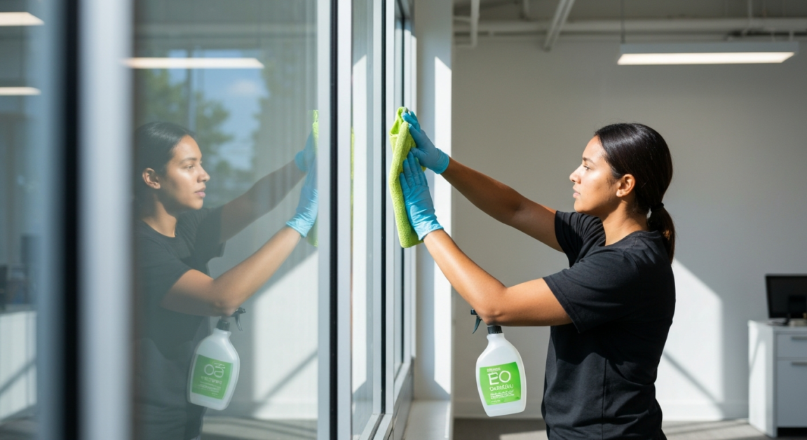 Cleaner ensuring streak-free glass surfaces in an Orlando office using microfiber cloths.