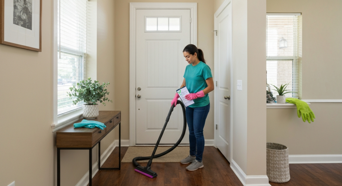 Professional cleaner vacuuming an entryway in an Orlando vacation rental, emphasizing the importance of first impressions.